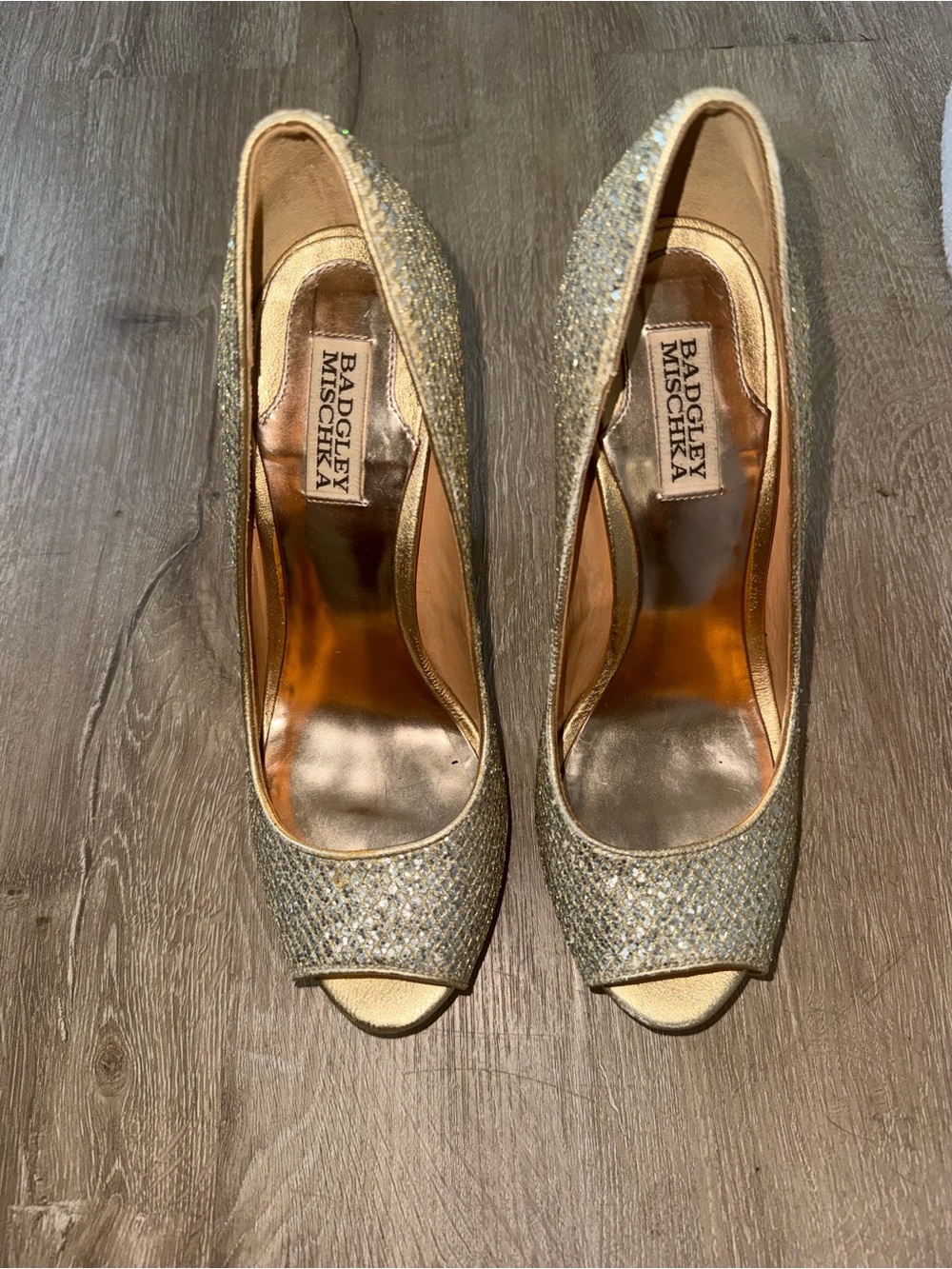 Badgley Mischka Gold Crystal Peep-Toe Heels